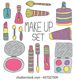Hand drawn makeup  collection, vector doodle set with brushes, palette, mascara, nail polish, necklace, lipstick, perfume, puff, rouge and bottles.