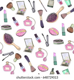 Hand drawn makeup elements. Colored graphic vector seamless pattern