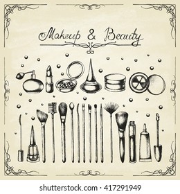 Hand drawn makeup icons. Makeup brushes set and nail polish, powder, mascara, lipstick, creams, eye shadow, glitter. Doodle style. Vector illustration.
