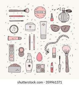 Hand drawn makeup items collection, vector doodle set with brushes, palette, mascara, nail polish, necklace, lipstick, perfume, puff, rouge and bottles.