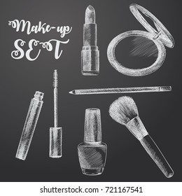 Hand Drawn Make-up Sketches Set. Collection Of  Lipstick, Powder, Brush, Nail Polish, Mascara Sketch Elements isolated on chalkboard