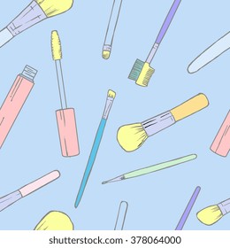 Hand drawn makeup tools - seamless pattern, vector illustration for textile, paper, background design.