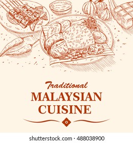 Hand drawn of Malaysian food, Nasi Lemak curry paste with rice and Chicken Satay, vector