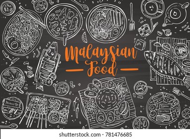 Hand drawn Malaysian food on a blackboard, Top view Asian Food background, Vector