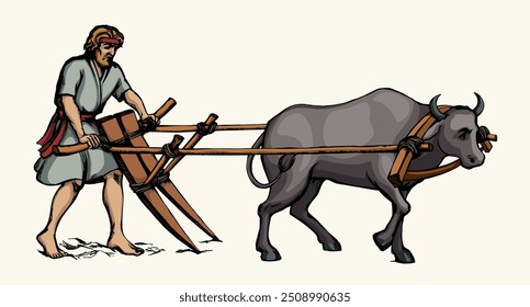 Dibujado a mano macho carabao bovino bestia mascota excavar surco línea trabajo cosecha trabajo trabajo. Cerca de la preparación rústica histórica de la labranza de madera yugo icono de la cultura símbolo de la historia de la antigüedad retro boceto de arte cielo blanco