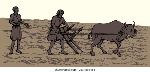 Hand drawn male carabao bovine beast pet pull wood yoke dig furrow line spring job harvest labor. historic rustic asian indian slave team prepar tillage culture history retro antique age art icon sign