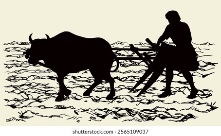 Hand drawn male carabao bovine beast pet dig furrow line job harvest labor. Close up historic rustic prepar tillage wood yoke culture icon sign symbol history retro antique age art sketch white sky