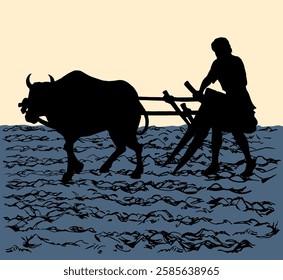 Hand drawn male carabao bovine beast pet dig furrow line job harvest labor. Close up historic rustic prepar tillage wood yoke culture icon sign symbol history retro antique age art sketch white sky