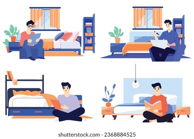 Hand Drawn A male character is reading a book in the bedroom in flat style isolated on background