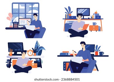 Hand Drawn A male character is sitting and reading a book in his office in flat style isolated on background