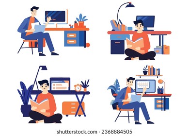 Hand Drawn A male character is sitting and reading a book in his office in flat style isolated on background