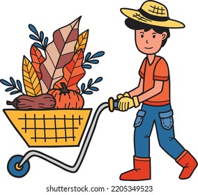Hand Drawn Male farmer pushing vegetables and fruits cart illustration isolated on background