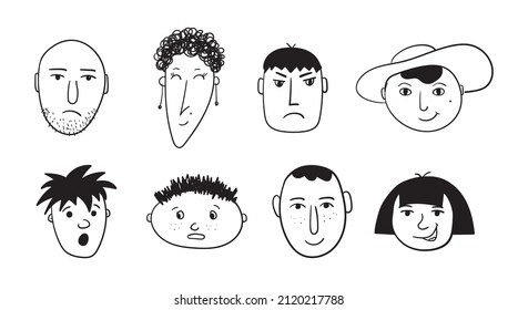 Caras masculinas y femeninas dibujadas a mano con diferentes emociones. Conjunto vectorial de esbozos de caracteres. Para avatares de usuario