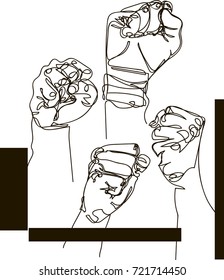 Hand drawn male fists raised up. Graphic drawing. Character design, surrealism, tattoo art. Isolated vector illustration. Continuous line drawing