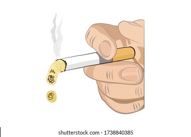 Hand drawn male hand holding smoking cigarette.Money or pennies are spent for cigarette. Vector illustration flat design. Isolated on background. Bad habits. Dangers of smoking.