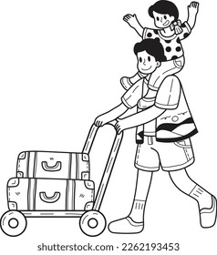 Hand Drawn Male tourist holding baby with travel bag illustration in doodle style isolated on background