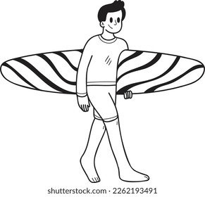 Hand Drawn Male tourist with surfboard illustration in doodle style isolated on background