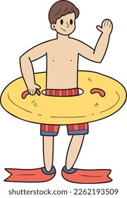 Hand Drawn Male tourist with swimming ring illustration in doodle style isolated on background