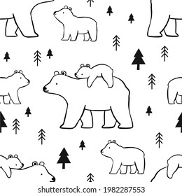 Hand drawn Mama Bear vector print. Mom and baby bear - illustrations for kids. Seamless pattern svg
