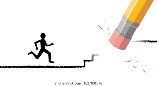 hand drawn man about to fall on erased stairs