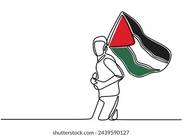 Dibujado a mano del hombre traen la bandera palestina en una línea estilo de arte. Una ilustración vectorial de línea continua,