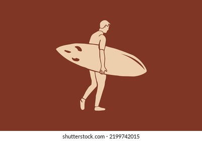 Hand Drawn Man carrying a surfboard Vintage Style Vector