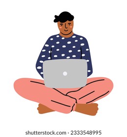 Hand drawn man in casual home clothes working on a laptop, surfing on internet, isolated vector illustration in doodle design