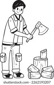 Hand Drawn man chopping firewood illustration in doodle style isolated on background