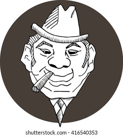 Hand Drawn Man with a Cigar in a sketchy vintage style. Doodle Portrait of a smoking mafia man or mobster. Mafioso or Godfather. Flapper party or mafia game illustration.