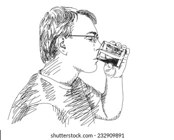 Hand drawn Man drinking juice Isolated illustration Vector sketch