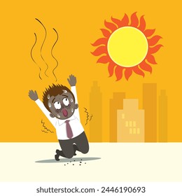  Hand drawn man in extreme heat weather on a hot day. Angry sun Stock, Unhealthy heat, Heat Wave concept. Flat, Poster, Vector, Illustration, Cartoon, EPS10. 