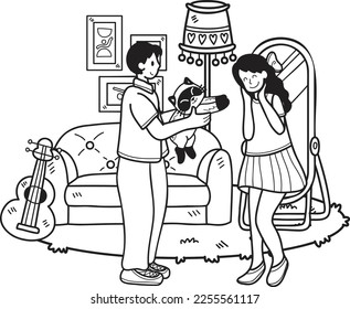 Hand Drawn Man gives a cat as a gift to a woman illustration in doodle style isolated on background