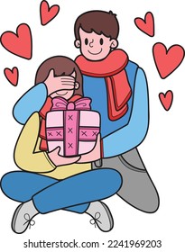 Hand Drawn man giving woman a gift illustration isolated on background