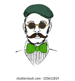 Hand drawn man in green cap and bowtie