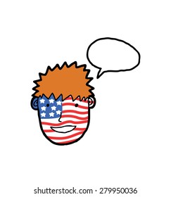 hand drawn man head with USA flag and speech bubble