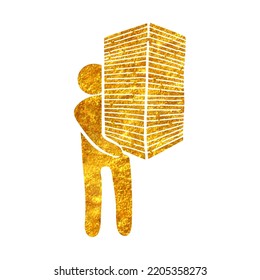 Hand drawn man holding pile of papers icon in gold foil texture vector illustration