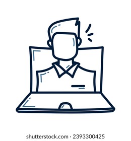 Hombre dibujado a mano con diseño de ilustración de línea de doodle para laptop. Hombre con el icono del doodle de la laptop.
