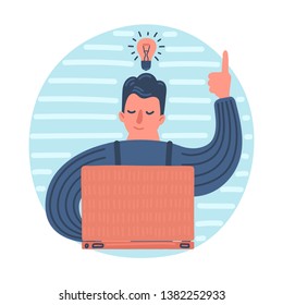 Hand drawn man with laptop and light bulb. Flat style vector illustration