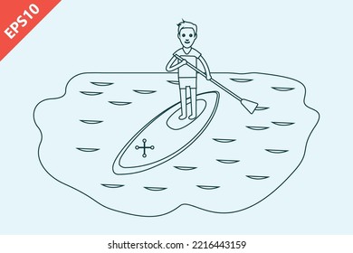 hand drawn a man on sup board surfing in the sea design vector flat modern isolated illustration