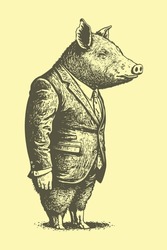 Hand Drawn Man With Pig Head Wearing A Suit And Tie. Vintage Engraving Style Illustration.
