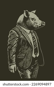 Hand drawn Man with pig head wearing a suit and tie. Vintage engraving style illustration.