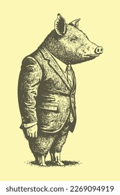 Hand drawn Man with pig head wearing a suit and tie. Vintage engraving style illustration.