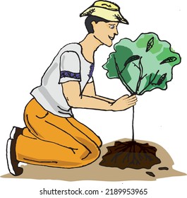 Handgezeichneter Mann, der einen Baum pflanzt. Vektorgrafik in schwarzer Umrisslinie und Farbe. Einzeln auf weißem Hintergrund.