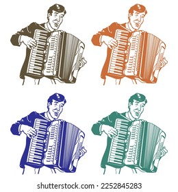 Hand Drawn Man Playing Accordion Vector Illustration. Man With Accordion