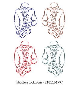 Hand Drawn Man Playing Saxophone Vector Illustration. Musician With A Saxophone
