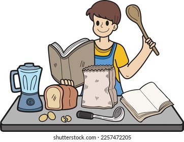 Hand Drawn Man practicing cooking from a book illustration in doodle style isolated on background