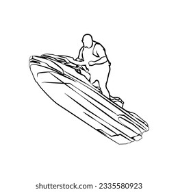 Hombre dibujado a mano montando un avión volador de esquí de diseño vector