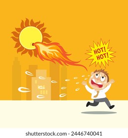 Hand drawn man run away from extreme heat on a hot day. Angry sun Stock, Unhealthy heat, Heat Wave concept. Flat, Poster, Vector, Illustration, Cartoon, EPS10.