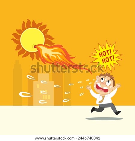 Hand drawn man run away from extreme heat on a hot day. Angry sun Stock, Unhealthy heat, Heat Wave concept. Flat, Poster, Vector, Illustration, Cartoon, EPS10.