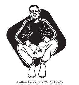 Hand drawn man sits and smile in black and white style